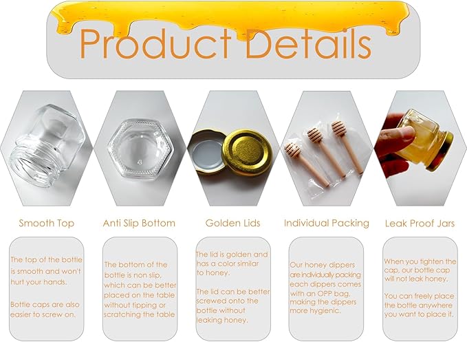 Adabocute Honey Pot 2oz, Mini Glass Honey Jars with Wood Dipper, Gold Lid, Bee Pendants, Beige Gift Bags, Thank-you Tags, Ideal for Baby Showers Favors Wedding Favors, 15 Pack
