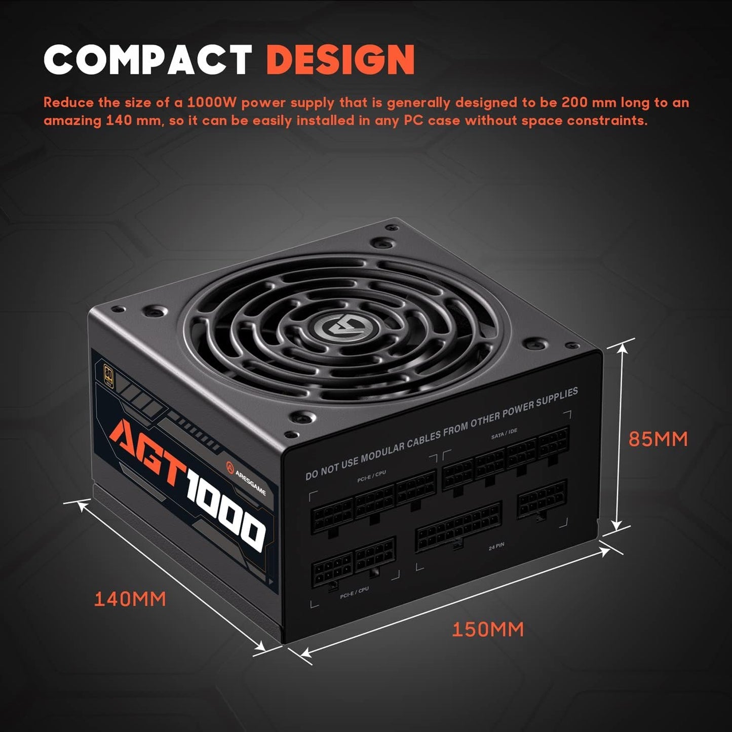 ARESGAME AGT Series 1000W Power Supply, 80+ Gold Certified, Fully Modular, FDB Fan, Compact 140mm Size, 10 Year Warranty, ATX Gaming Power Supply