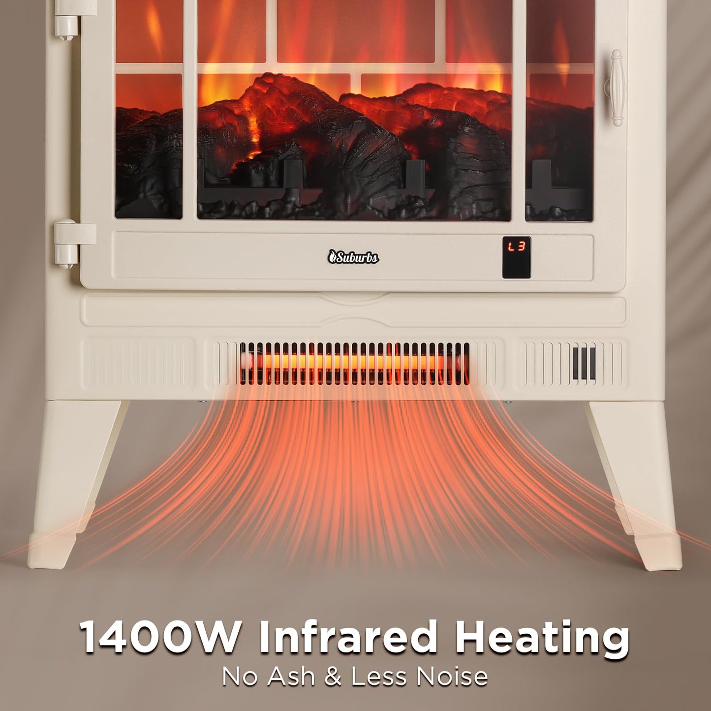 TURBRO Suburbs 25" WiFi Electric Fireplace Infrared Heater with Crackling Sound, Freestanding Fireplace Stove with Adjustable Flame Effects, Overheating Protection, Timer, Remote Control 1400W, Ivory