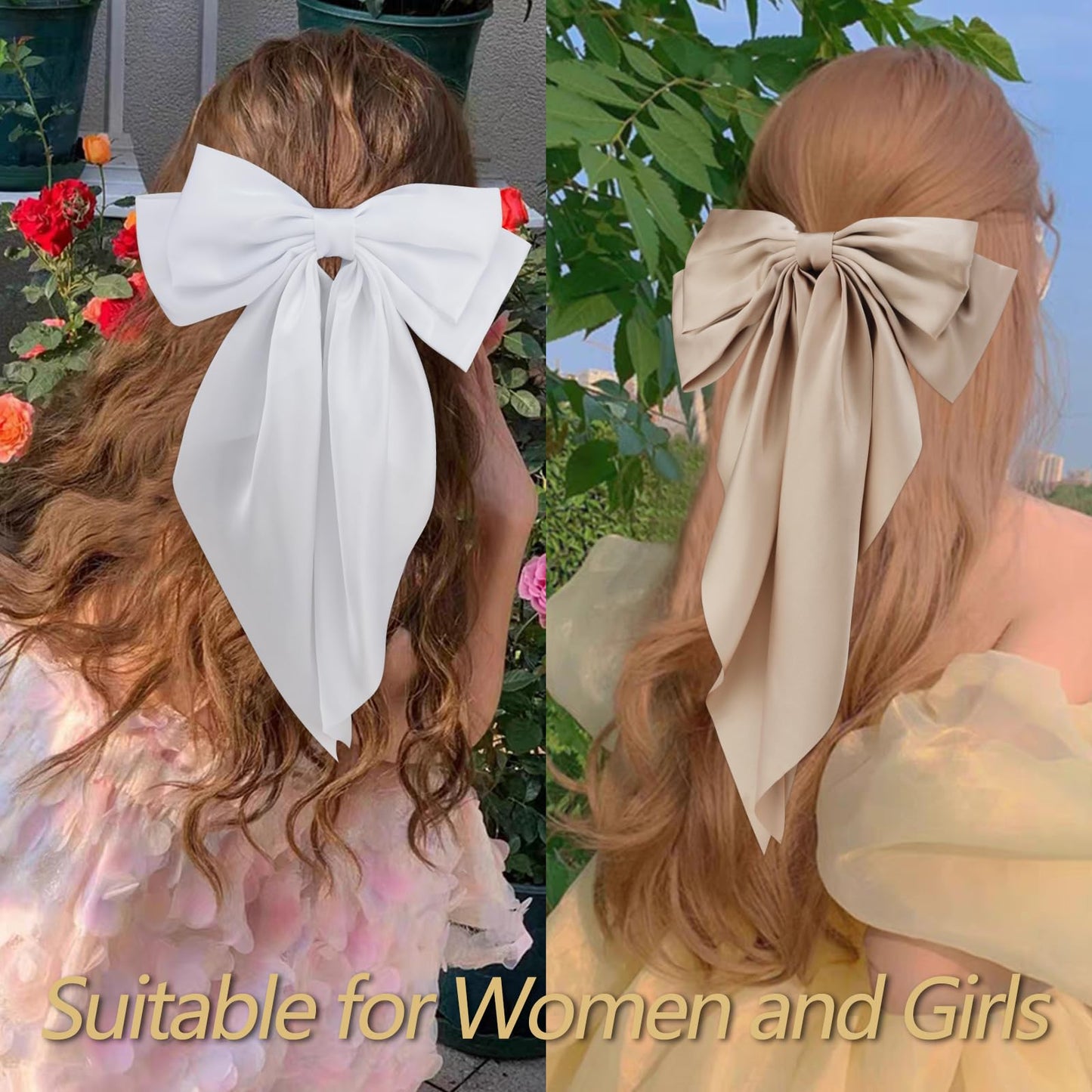 Velscrun Hair Bows for Women Girls 4Pcs White Silky Hair Bow Khaki Satin Large Coquette Bow Brown Big Hair Bows Clip Oversized Hair Ribbons Long Tail Black Bow Hair Barrettes Hair Accessories Gifts