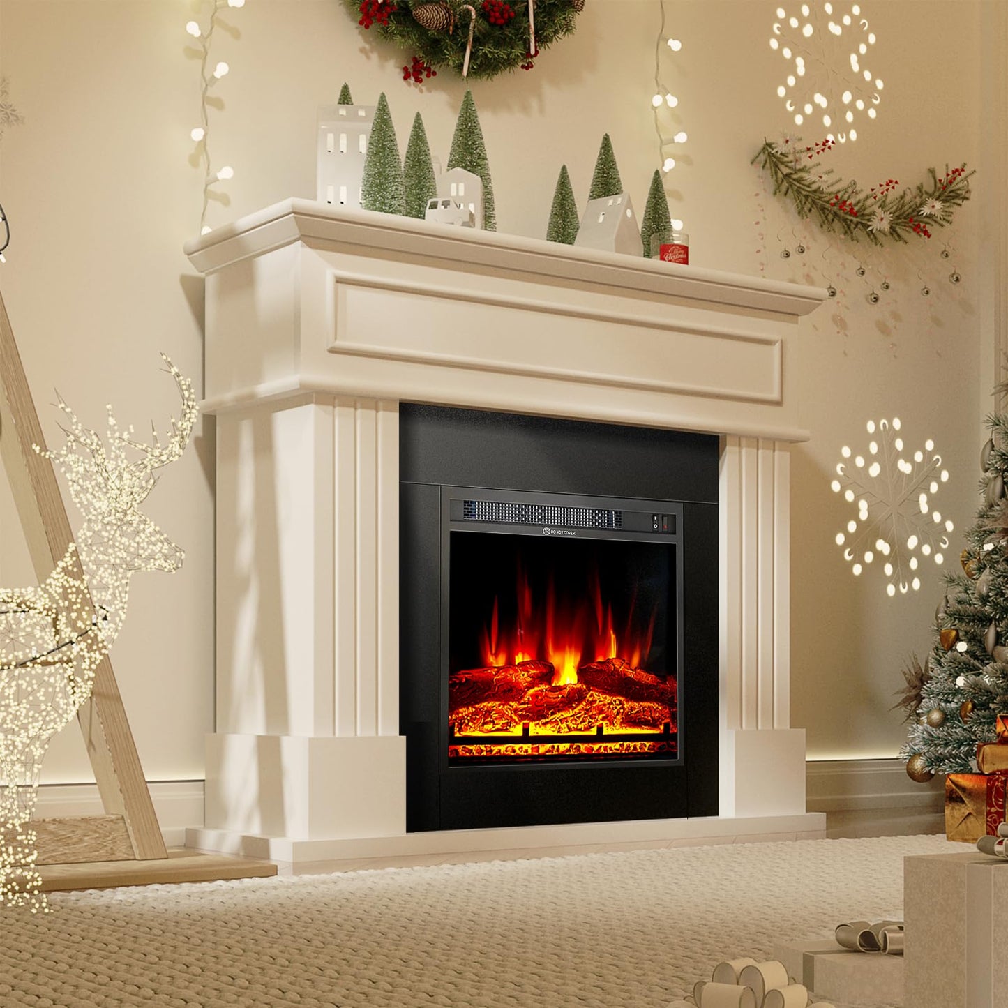 oneinmil Electric Fireplace with Mantel, Fireplace TV Stand with 18’’ Electric Fireplace Heater, 3D Realistic Flame, Freestanding Fireplace for Living Room, Bedroom, White