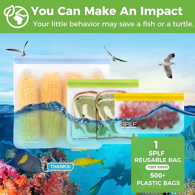 SPLF 12 Pack Dishwasher Safe Reusable Bags, Leakproof Reusable Freezer Bags, BPA Free Food Storage Bags for Lunch, Meal Prep, Marinate, Veggies, Travel - 2 Gallon 5 Sandwich 5 Snack
