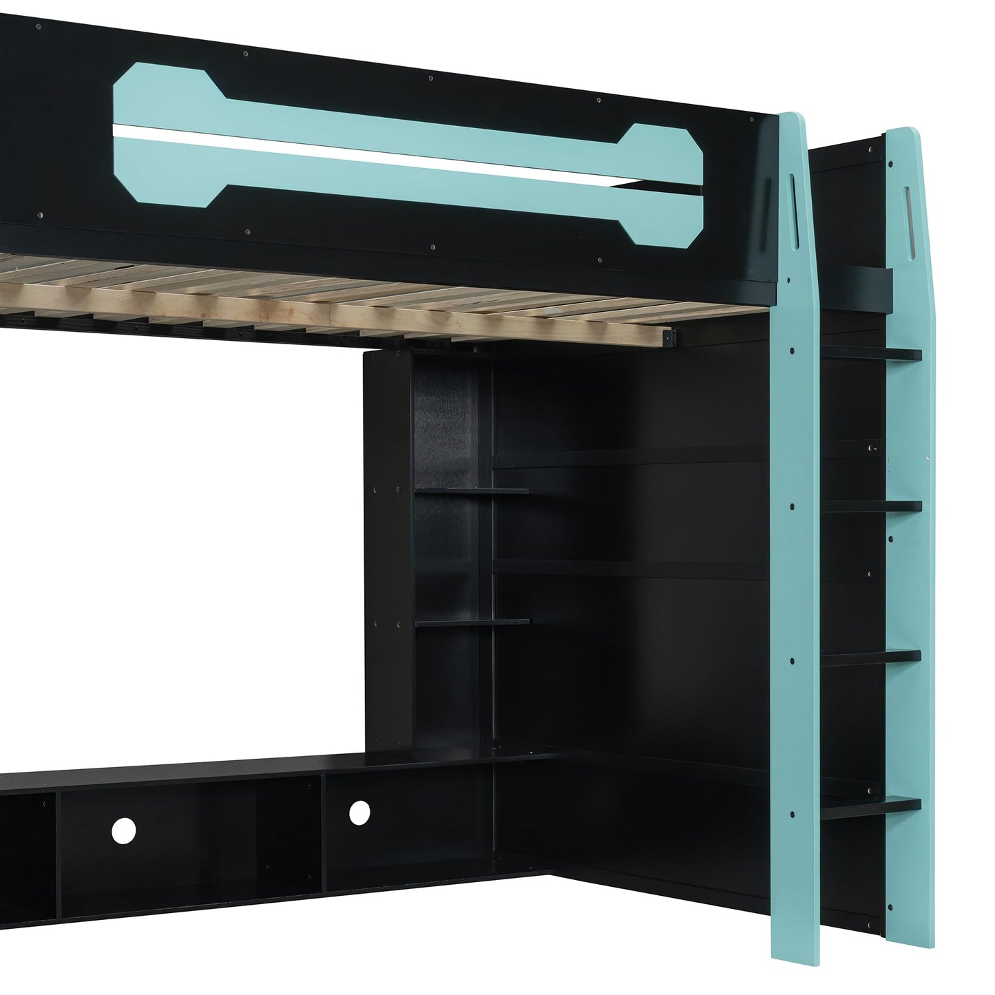 Gaming Bed with RGB Lighting, Desk, Multi-Storage Shelves and LED, Esports Design for PC & Console Gamers, Full Size Wood Loft Bed for Kids Bedroom (Cloud Blue/G)