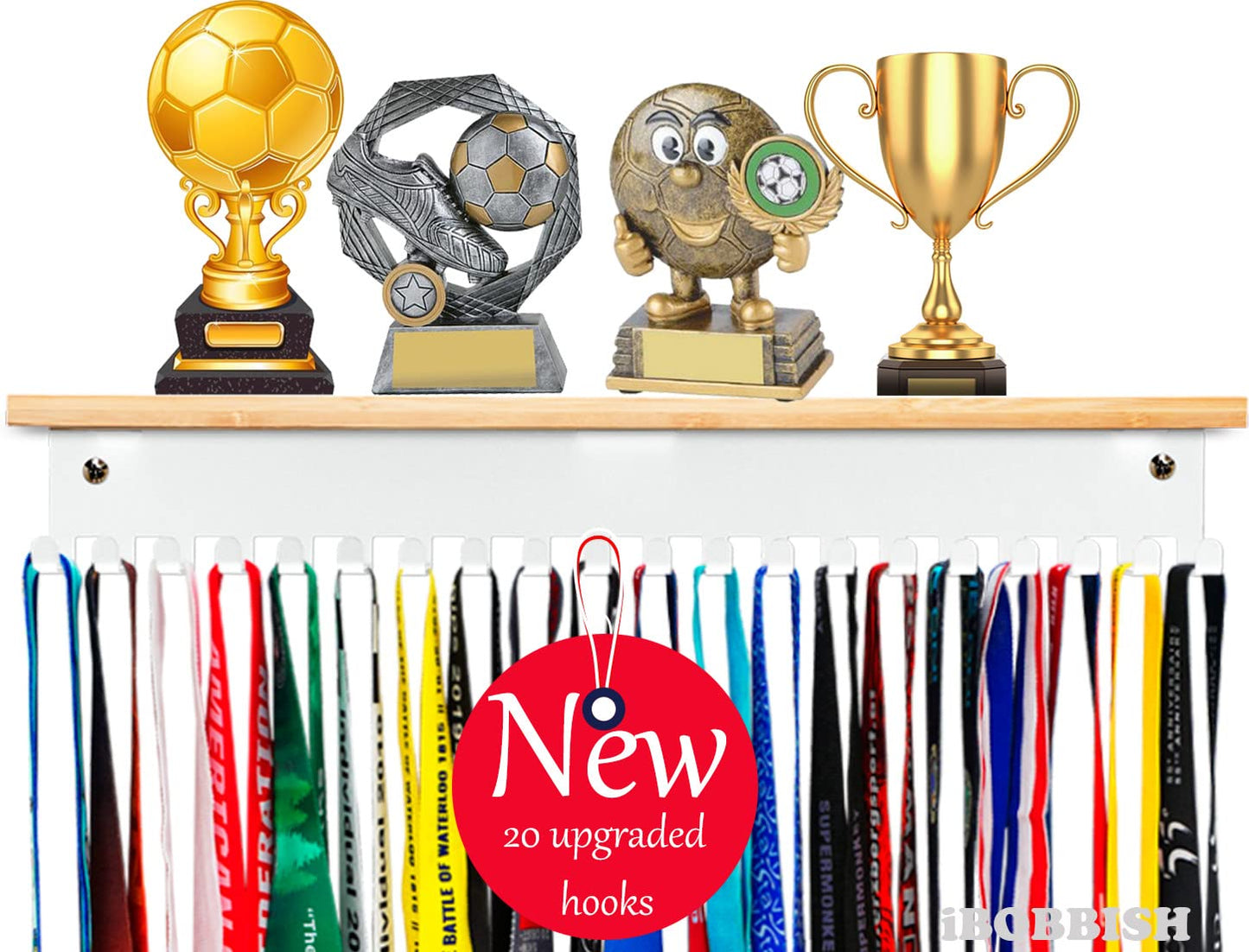 White Trophy and Medal Display Shelf 16inchL,Metal Trophy Shelf with 20 Hooks Upgraded,Large Trophy Board Display,Sturdy Trophy Shelf with Hooks for Medals in White