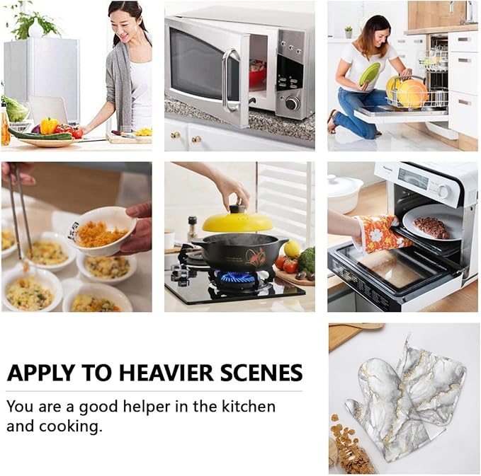 Marble Gold Gray Fashion Oven Mitts and Pot Holders Sets of 4, Heat Resistant Silicone Oven Mittens and Potholders Gloves Hot Pads for Kitchen Cooking Baking Grilling BBQ Chef