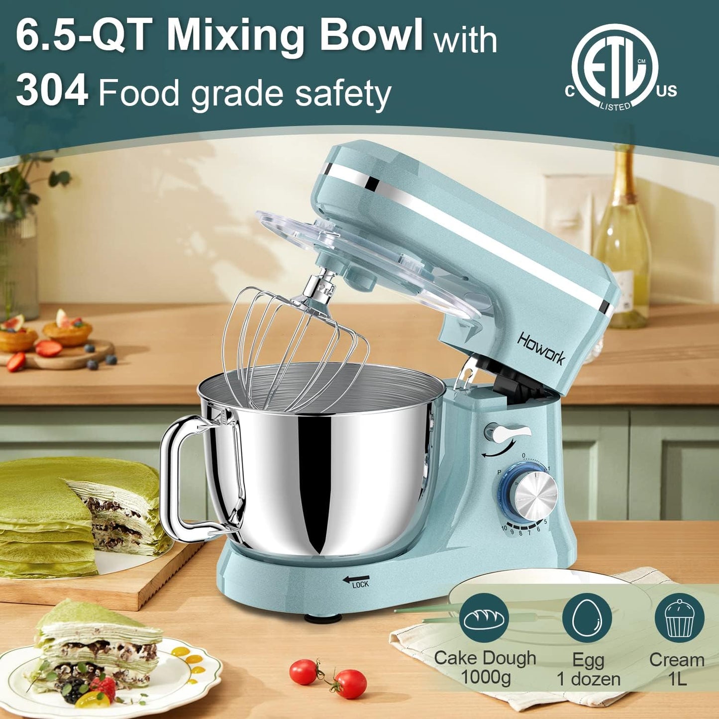 HOWORK Electric Stand Mixer,10+p Speeds With 6.5QT Stainless Steel Bowl,Dough Hook, Wire Whip & Beater,for Most Home Cooks,Blue