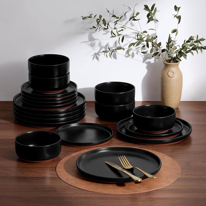 E-far 12-Piece Stoneware Plates and Bowls Sets, Dinnerware Sets for 4, Ceramic Dishware Dishes Set with Terracotta Base, Chip & Scratch Resistant, Microwave & Dishwasher Safe, Matte Black