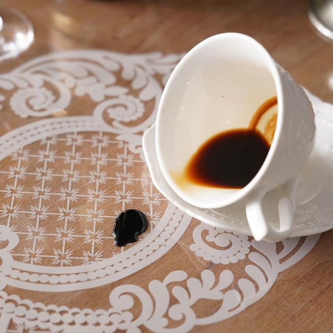 Rectangle Waterproof Clear Table Cover Protector Vinyl Table Cloth Oil Spill Proof Wipe Clean Lace Plastic Tablecloths for Dining Tables (White, 52 x 70 Inches)