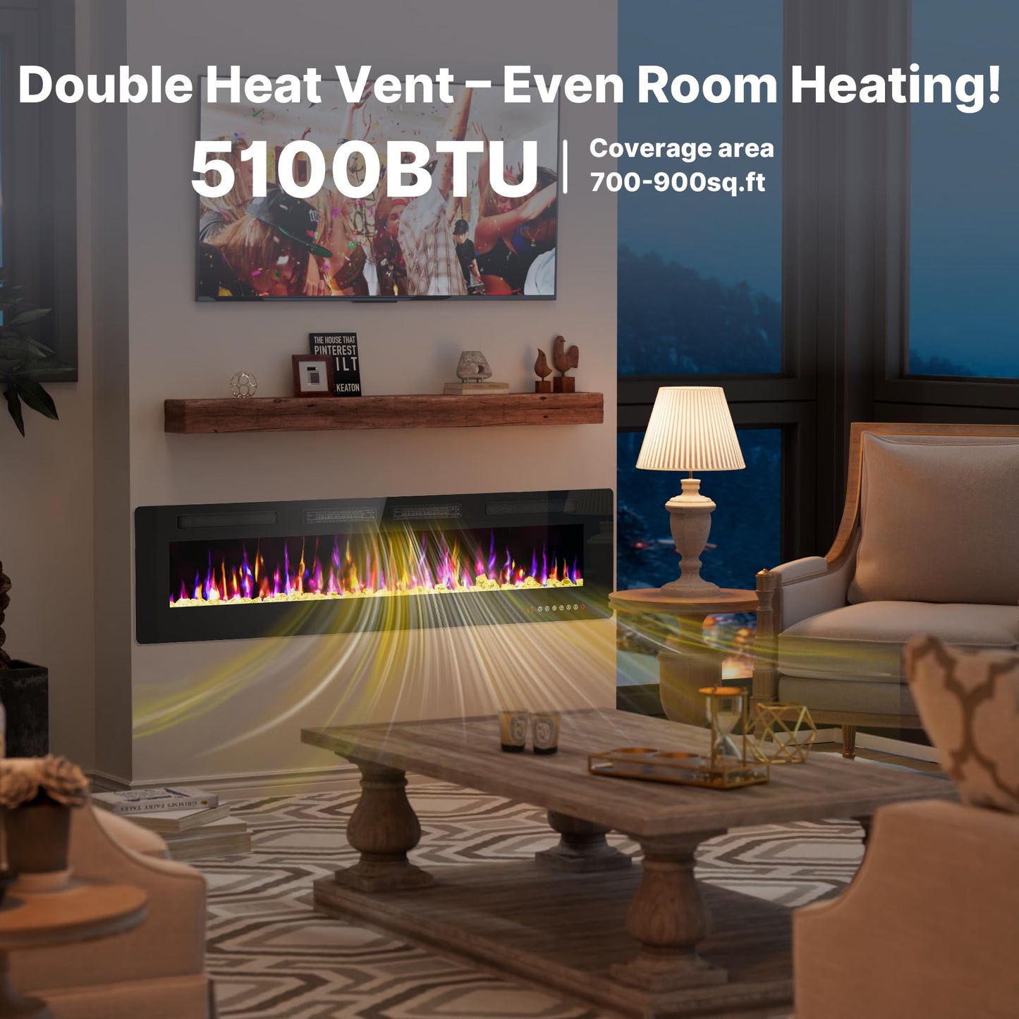 BREEZEHEAT 72" Ultra Thin Electric Fireplace Insert-ETL Certified, Recessed/Wall Mount, 3D Flame with Crystal, Remote & Touch, 750W/1500W (900 Sq.Ft), 8H Timer