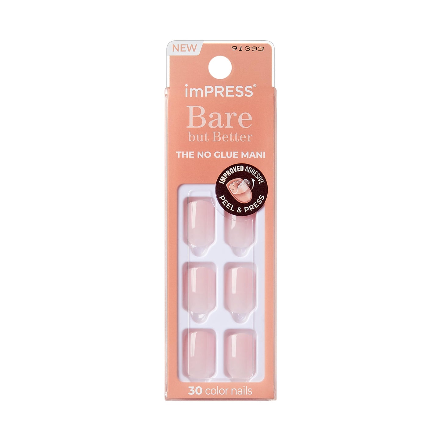 KISS imPRESS No Glue Mani Press-On Nails, Color, 'Instinct', Light Pink, Short Size, Squoval Shape, Includes 30 Nails, Prep Pad, Instructions Sheet, 1 Manicure Stick, 1 Mini File