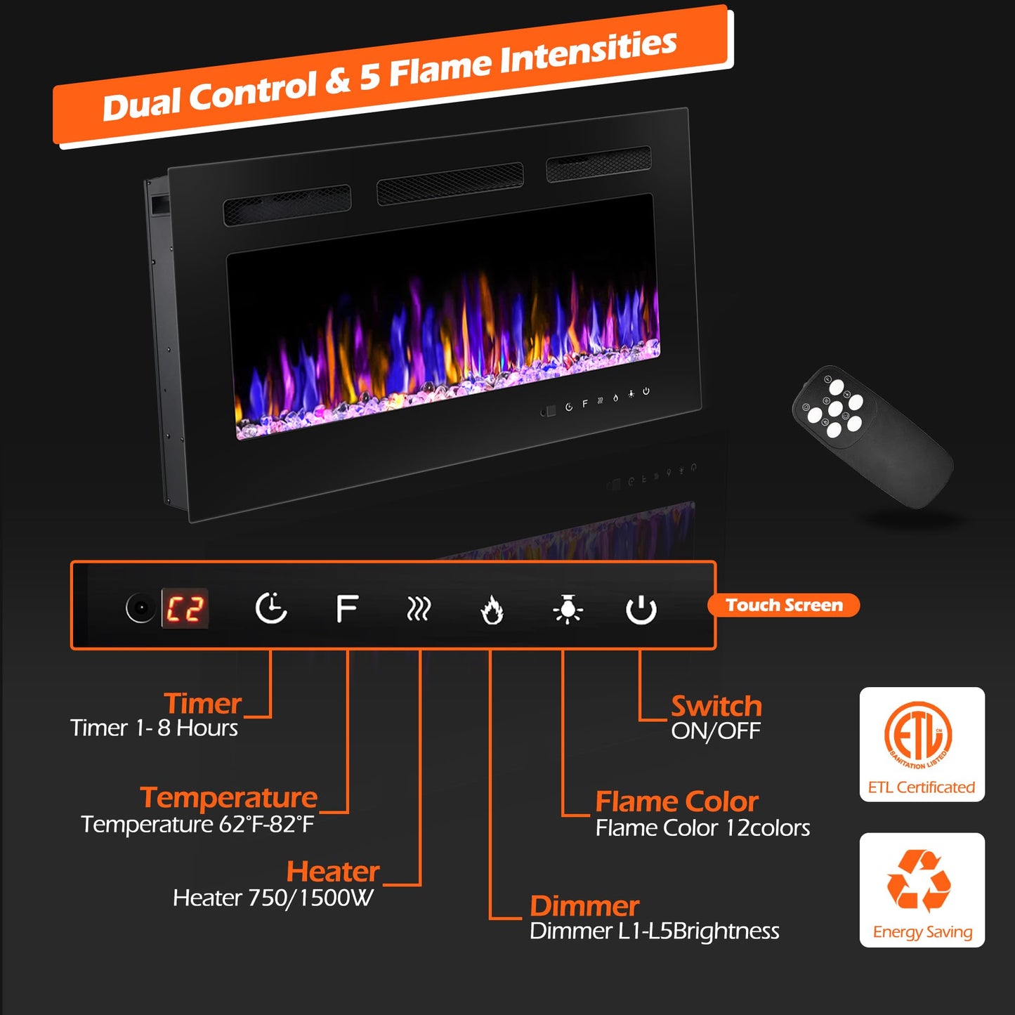 BETELNUT 30" Electric Fireplace Wall Mounted and Recessed with Remote Control, 750/1500W Ultra-Thin Wall Fireplace Heater W/Timer Adjustable Flame Color and Brightness, Log Set & Crystal Options