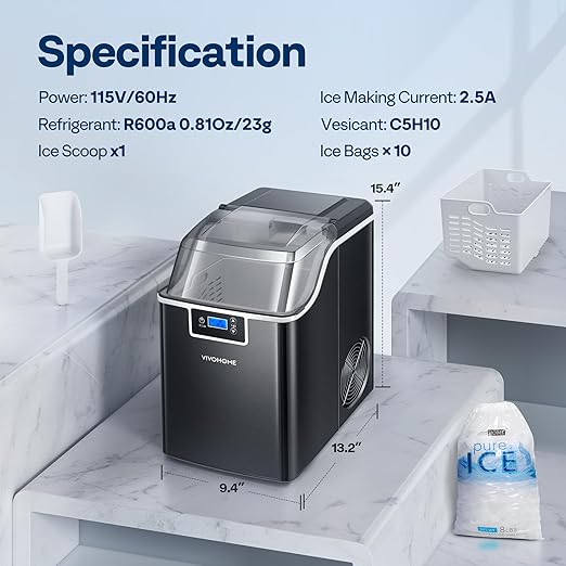 VIVOHOME Nugget Ice Maker Countertop, Portable Pebble Ice Maker Machine with 44lbs/Day, Soft Chewable Pellet Ice Machine with Self-Cleaning, Scoop, 10 Ice Bags, for Home Kitchen, Party, RV, Camping