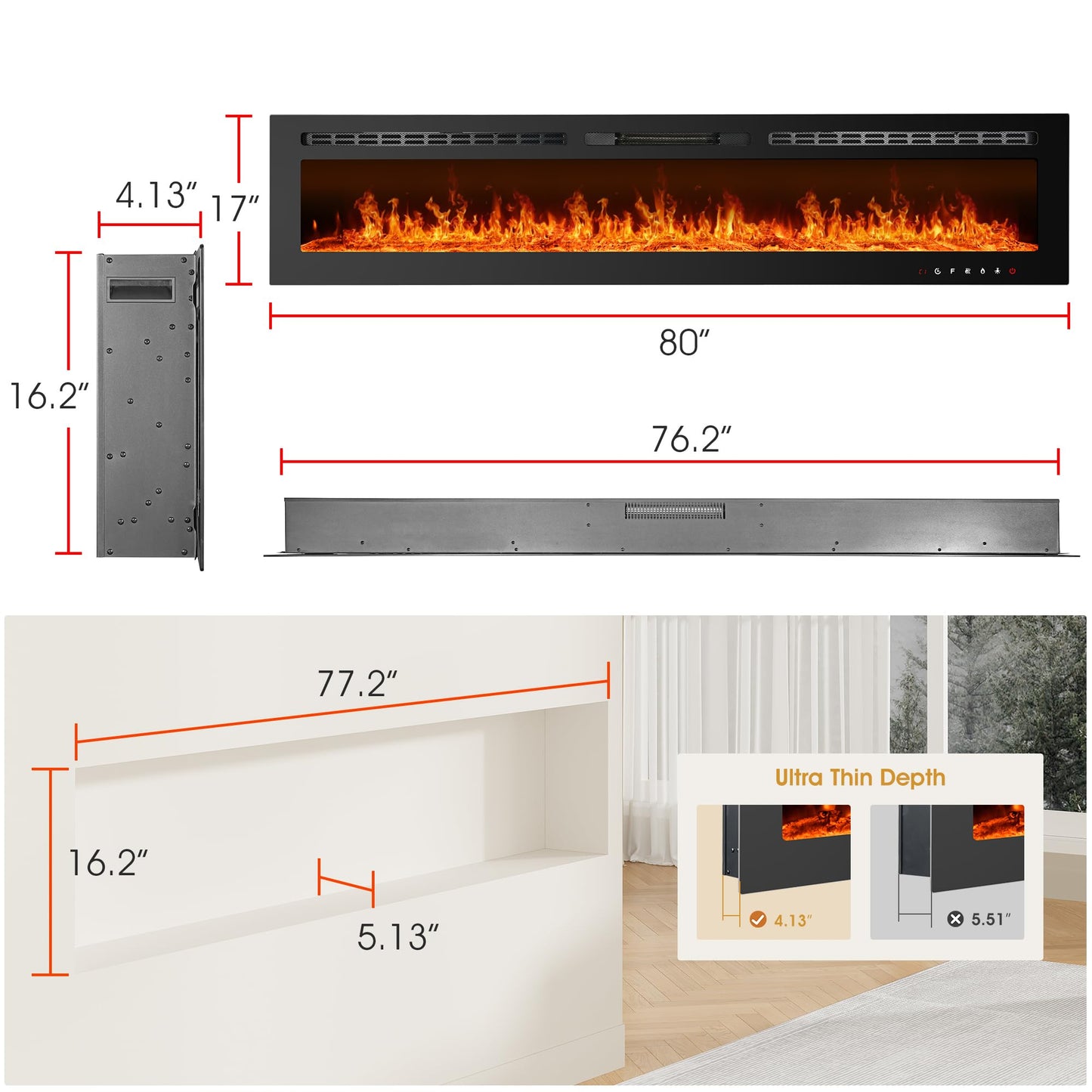 80 inch Ultra-Thin Electric Fireplace, Fireplaces Heater Wall Recessed or Wall Mounted, with Touch Screen Control Panel/Remote Control, Log & Crystal Included - 1500/750 Watt Heater