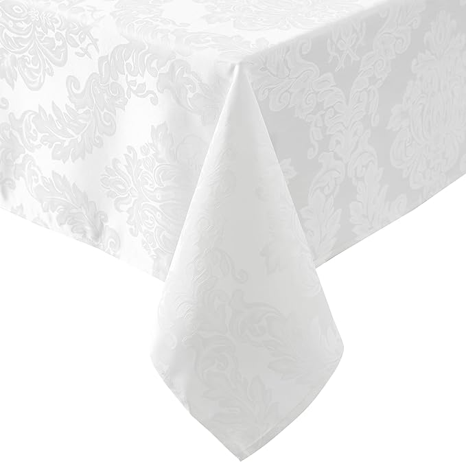 Newbridge Barcelona Luxury Damask Fabric Tablecloth, 60” Wide x 144” Rectangle, White, 100% Polyester, No Iron, Soil Resistant Dining Room, Party and Banquet Table Cover