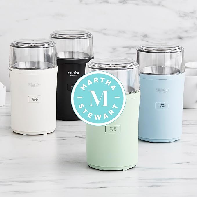 Martha Stewart Electric Coffee & Spice Grinder, Dual 2.5oz Removable Bowls, Storage Lids, Stainless Steel Blades, One Touch Pulse Control, 2-in-1 Compact, Beans & Spices, Herbs & Nuts, Sky Blue