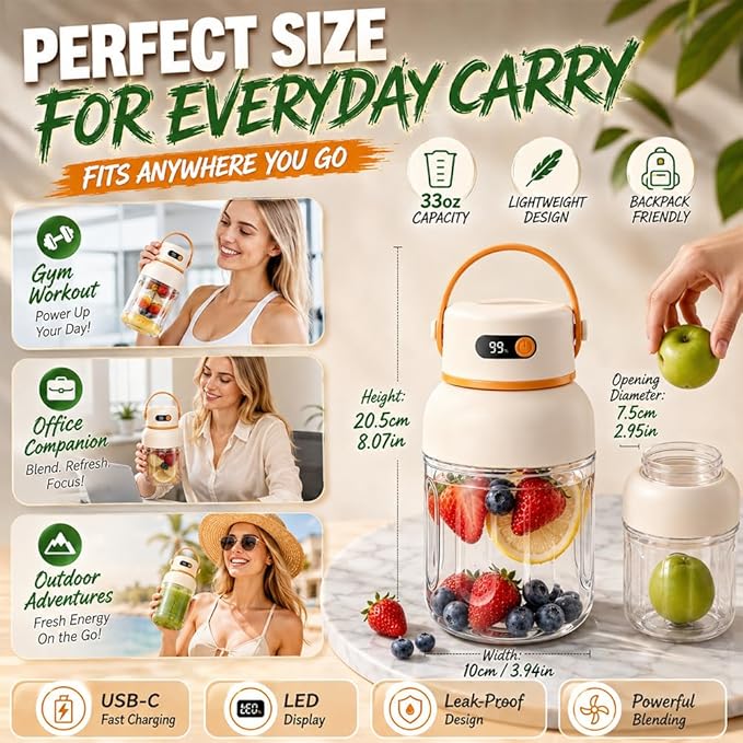 Portable Electric Juicer Cup with Zero Cord Hassle, 1200ml Multifunctional Wireless 2-In-1 Dual Lid Personal Blender Bottle with Straw 38-Blades USB Rechargeable for Gym Office Outdoor (1000ml)
