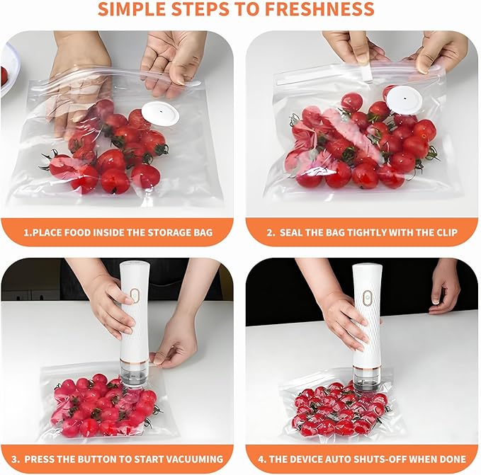 Vacuum Sealer for Food – Keeps Food Fresh up to 10× Longer, Cordless & rechargeable & strong suction for storage & sous vide(Handheld Vacuum Sealer + 20 Reusable Vacuum Bags)