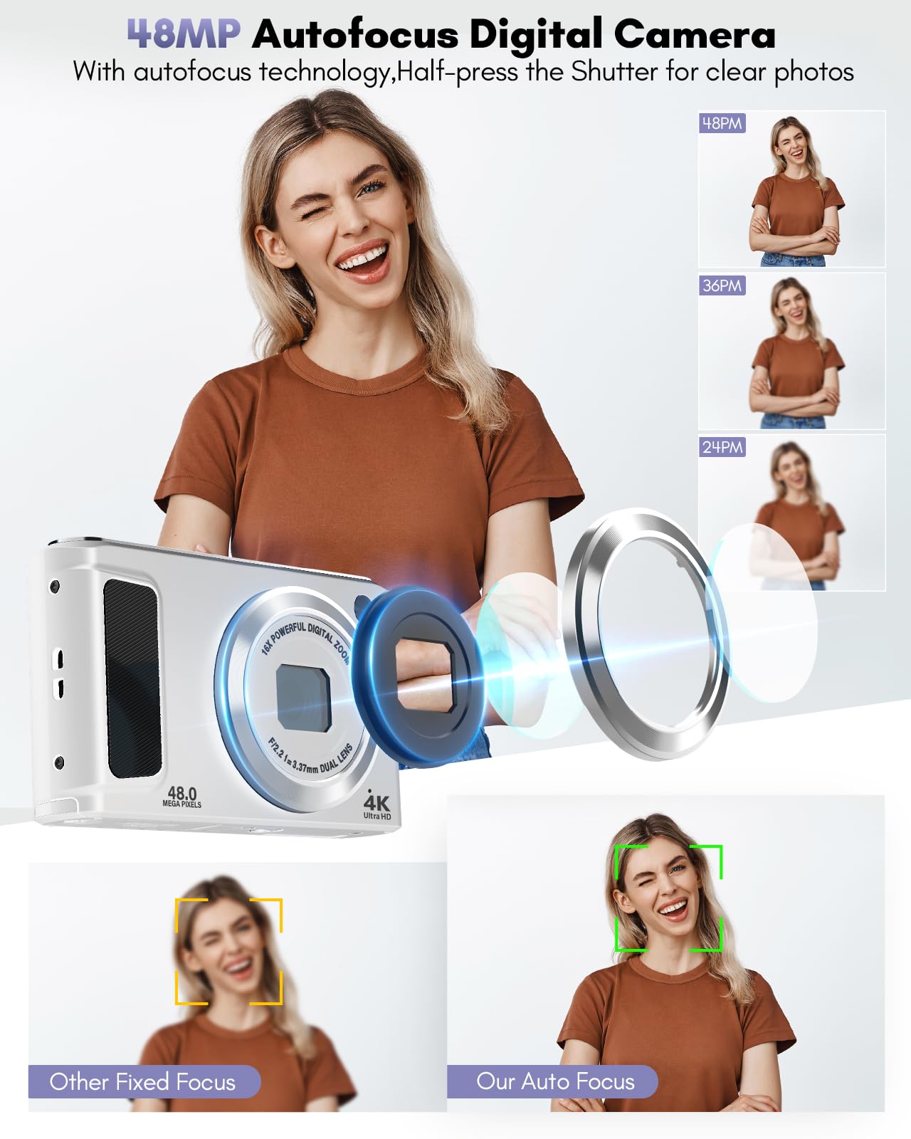 4K Digital Camera, 48MP Autofocus Cameras for Photography,Vlogging Compact Camera with Front and Rear Camera, 16X Zoom Protable Point and Shoot Cameras with 32GB SD Card,Anti-Shake,2 Batteries