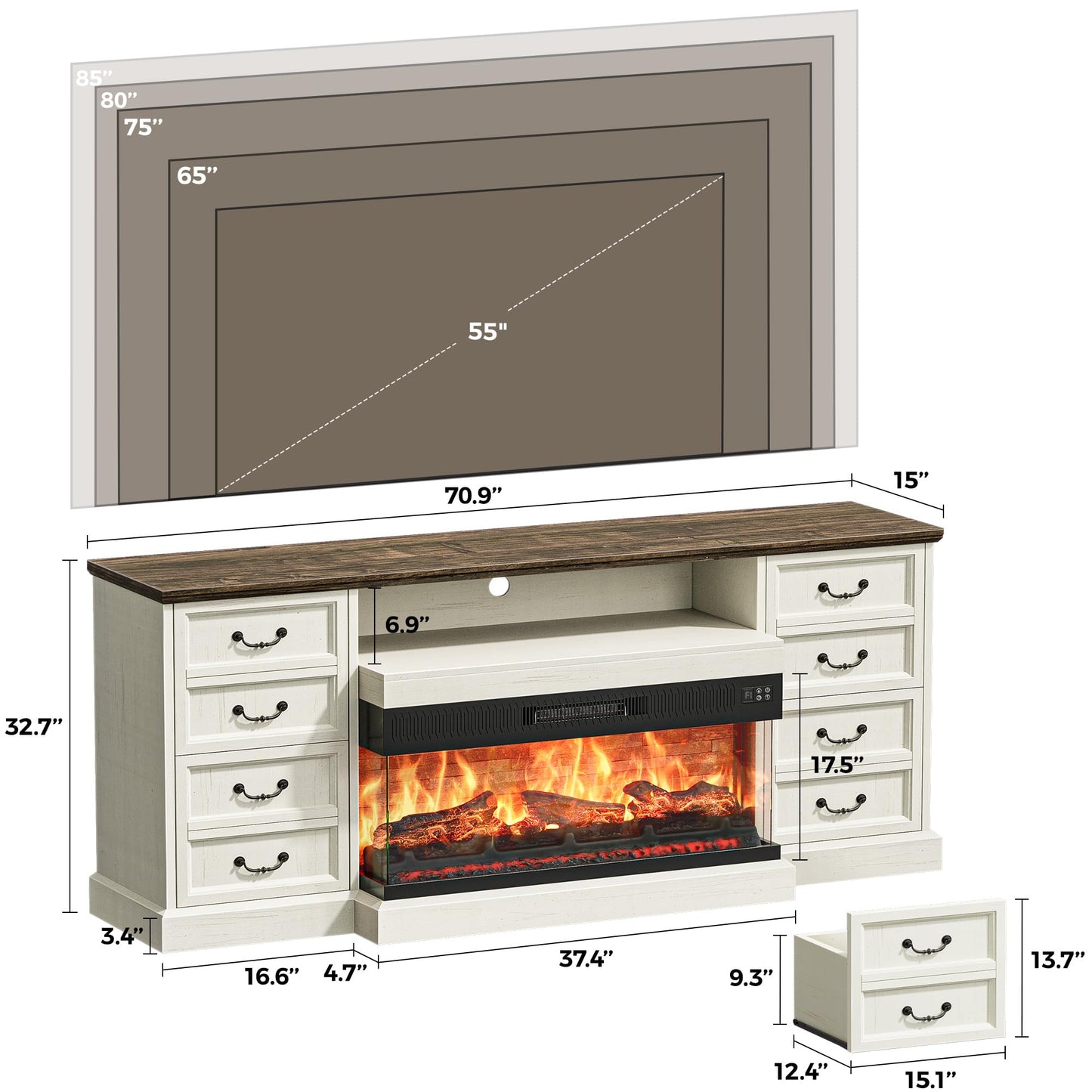 Huuger Fireplace TV Stand with LED Lights for 75 Inch TV, 3-Side Glass Fireplace Entertainment Center, 70 Inch Farmhouse Television Stands Stand with 4 Deep Drawers for Living Room, Distressed White