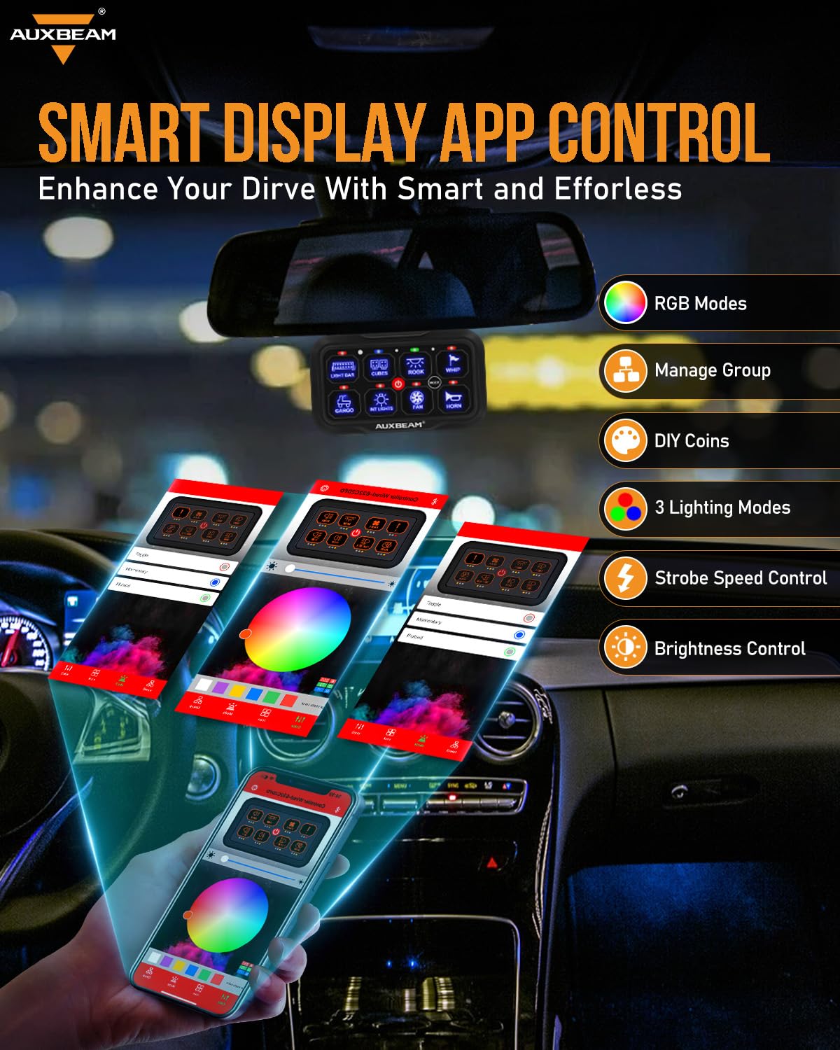 Auxbeam 8 Gang Switch Panel Bluetooth AR-800 RGB Switch Pod with Backlit Off Toggle Momentary Pulsed Auxiliary Switch Panel for Truck SUV ATV Marine RV Multifunction 12-24V Waterproof 2 Years Warranty