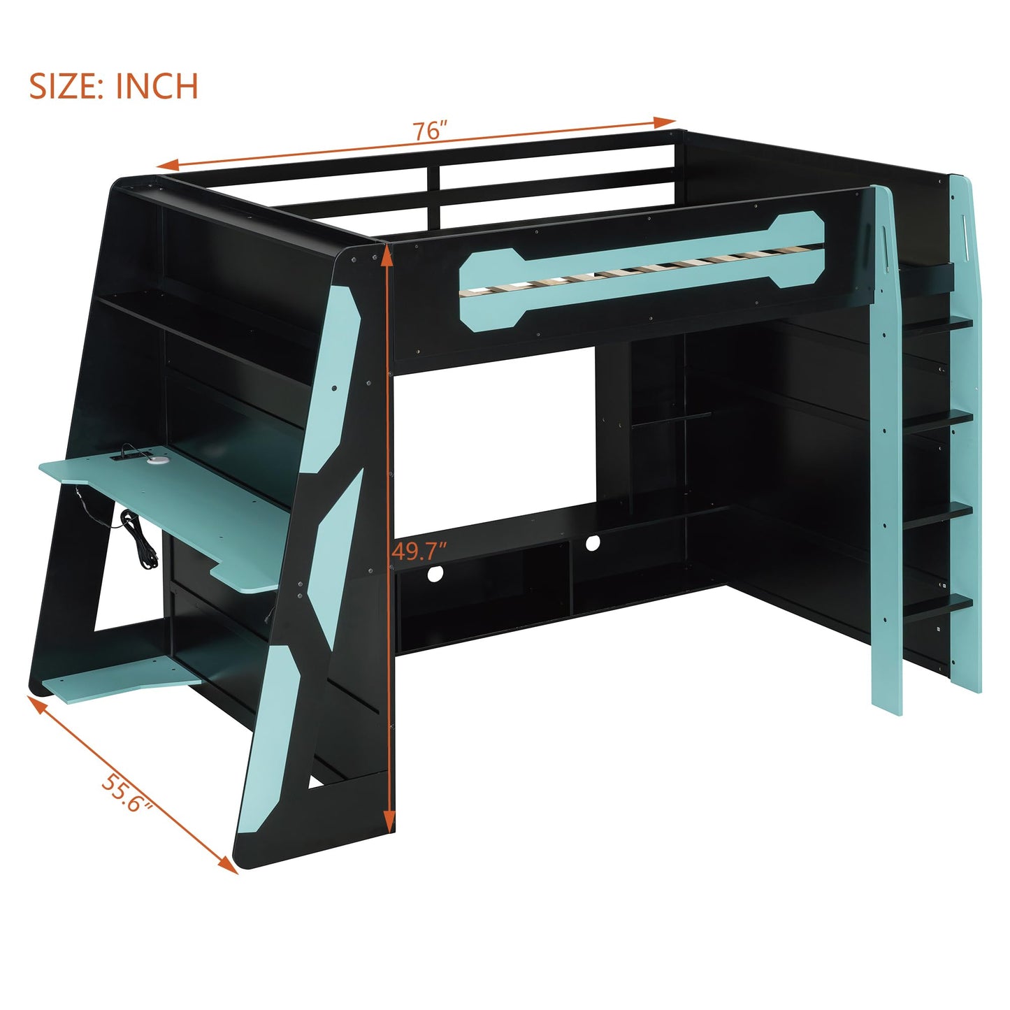 Gaming Bed with RGB Lighting, Desk, Multi-Storage Shelves and LED, Esports Design for PC & Console Gamers, Full Size Wood Loft Bed for Kids Bedroom (Cloud Blue/G)