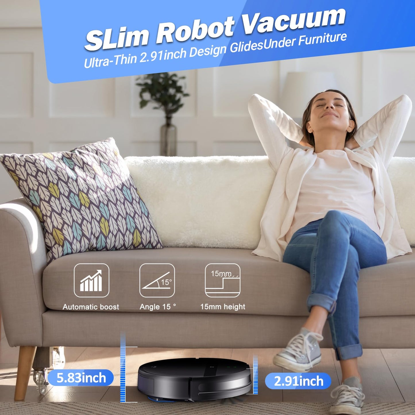 Kilgone Robot Vacuum and Mop Combo for Large Homes & Pet Hair – Smart App/Voice, 2300Pa Sucktion, 120Min Clean, Ultra-Thin 2.87" Design