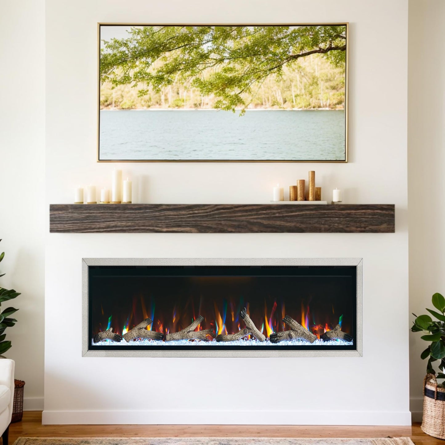 Unineo 50 Inch Electric Fireplace w/Aluminum Frame, Hidden Air Vents Design, Recessed and Wall Mounted Fireplace Heater w/Thermostat, 12×13×5 Realistic Flame, Visual Remote, Log and Crystal, Siliver