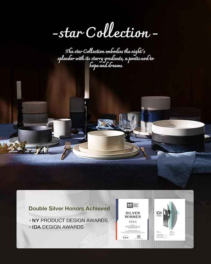 Famiware Star Dinnerware Set with Mugs, Service for 6 (24 Pieces), Ribbed Stoneware Plates and Bowls Dishes Sets - Chip & Scratch Resistant, Microwave & Dishwasher Safe, Cappuccino White