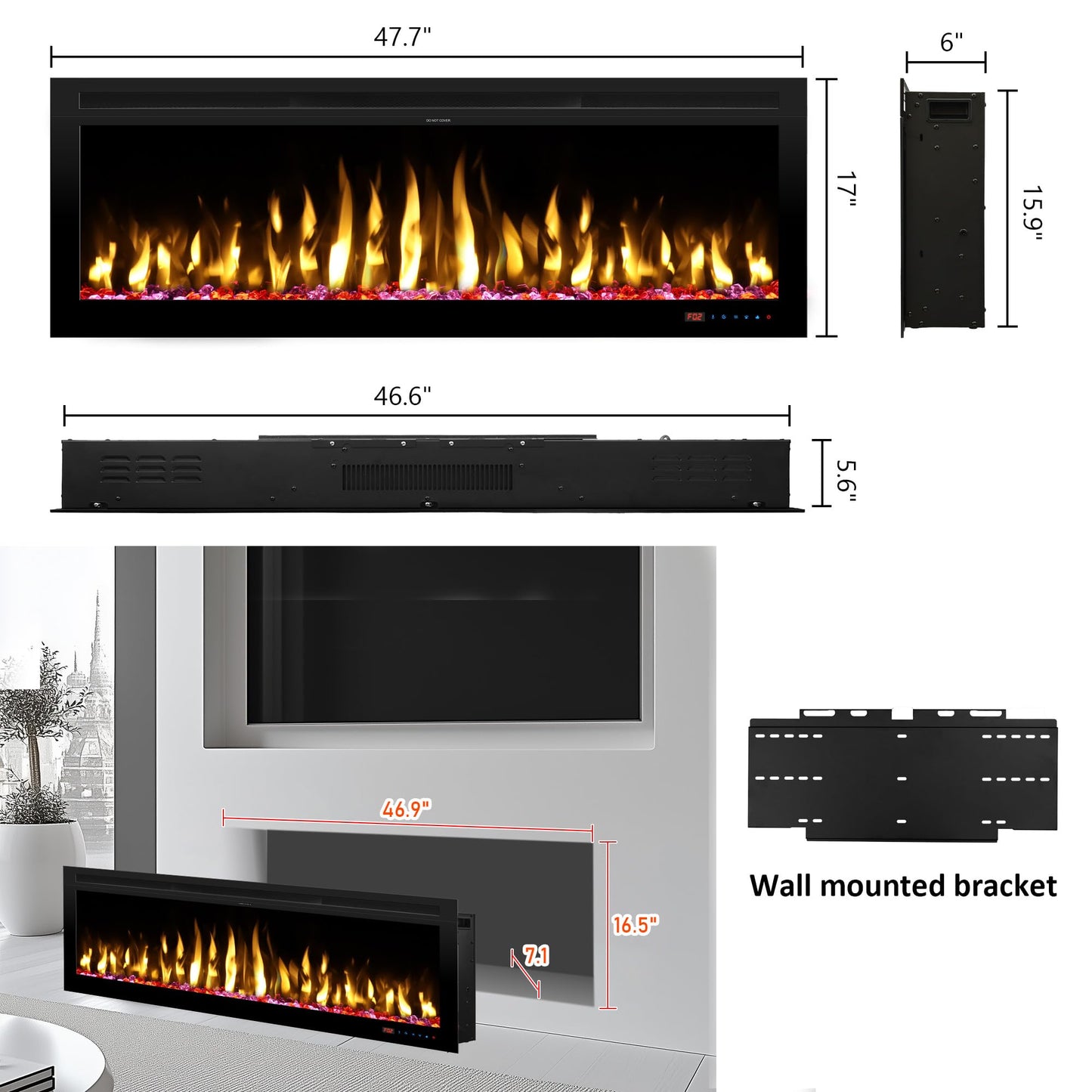 Kentsky 48" Electric Fireplace, Wall Mounted & Insert Electric Fireplace, W/Mixed Color Flame, Adjustable Brightness & Speed, 0-8H Timer, Thermostat, 750w/1500w, Balck