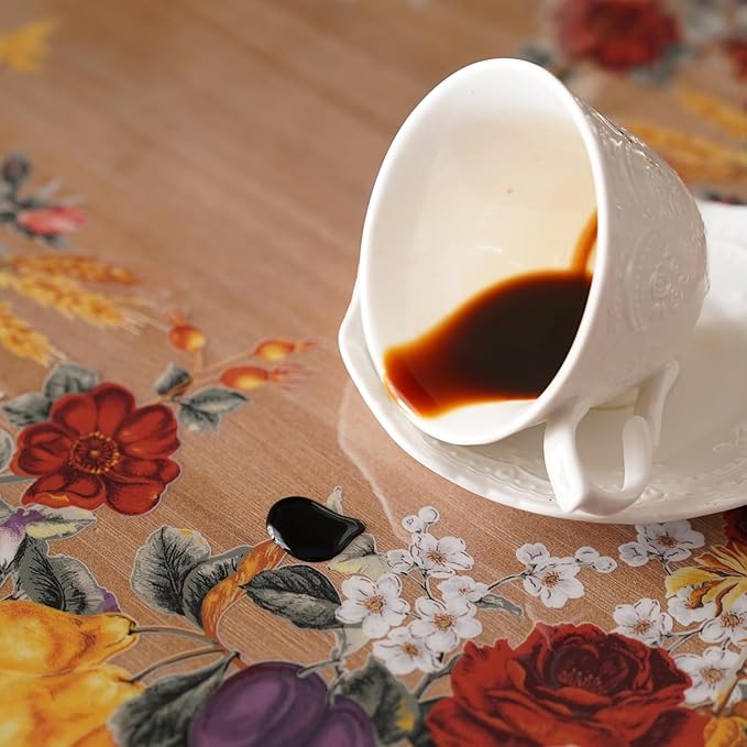 Clear Table Cover Protector Vinyl PVC Rectangle Table Cloth with Floral Fruit Pattern Oil Spill Proof Plastic Tablecloths for Dining Tables Parties Holidays (Floral Fruit, 55 x 104 Inches)
