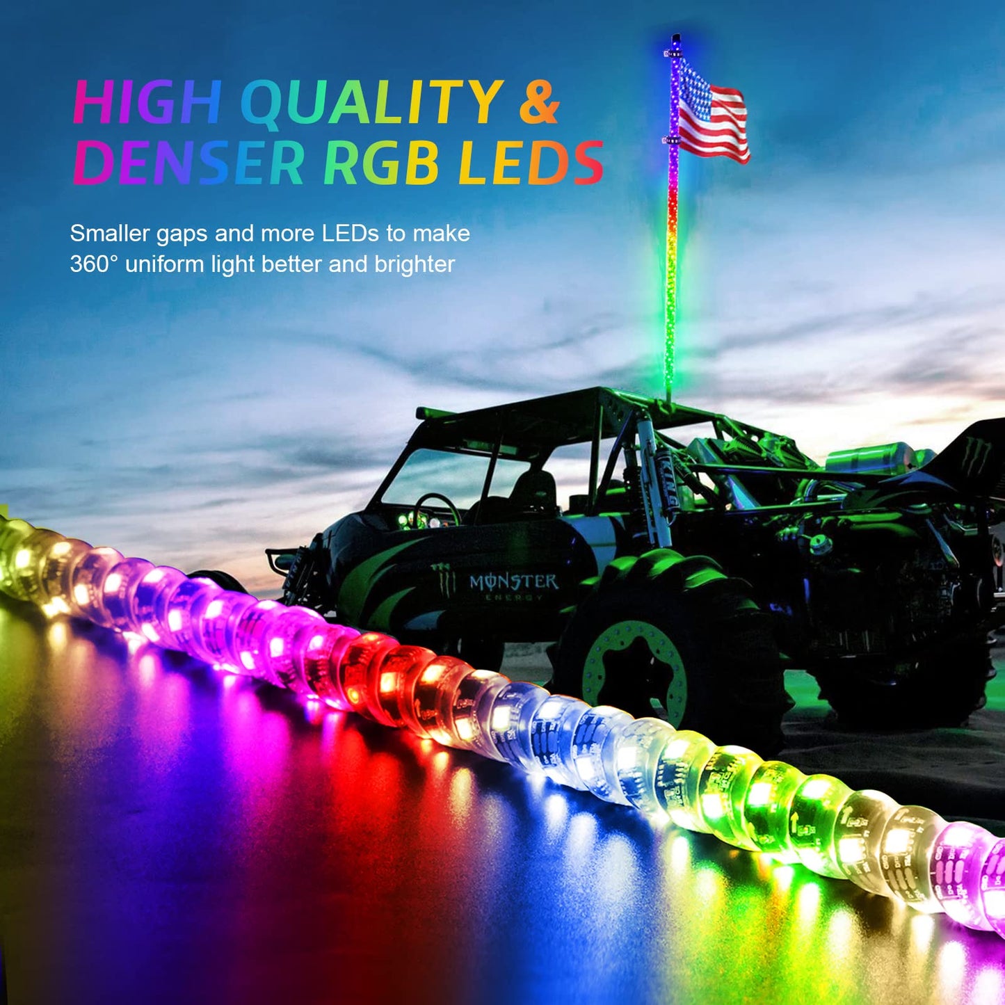 Ehaho 2 Pack 5FT Whip Lights with Spring Base,LED Whip Light with App & Remote Control, Spiral RGB Chasing Lighted Whips with Rocker Switch, Music Whip Light for UTV ATV Polaris RZR Can-Am SXS Truck