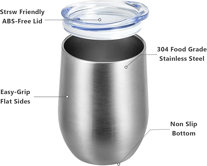MEWAY 12oz/4 Pack Wine Tumbler Glasses with Lid - Stemless Double Wall Vacuum Stainless Steel Travel Tumbler - Keeping Cold & Hot for Wine,Coffee,Cocktails,Drinks-Family and Gifts (Silver,Set of 4)
