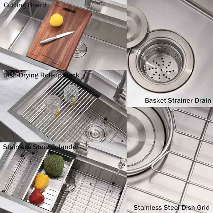 33 Inch Drop In Kitchen Sink Workstation - VOKIM 33X22 Inch Drop In sink Stainless Steel Splash Guard 16 Gauge 10'' Deep Single Bowl Handmade Topmount Sink with Cutting Board& Strainer
