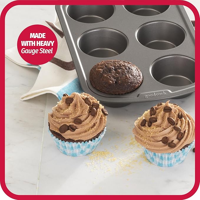 GoodCook Everyday Nonstick Steel Muffin Pan, 6 cup, Gray (Pack of 12)