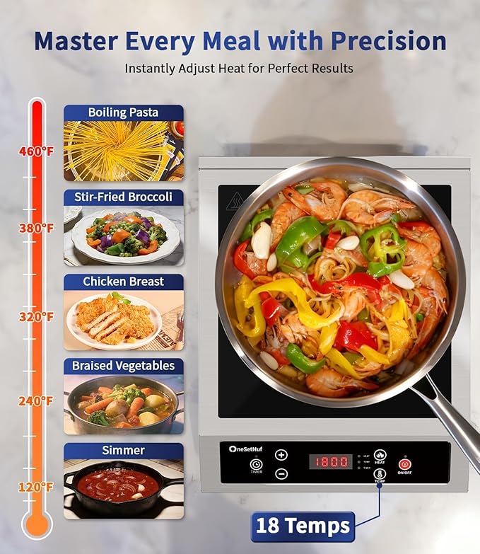 Stainless Steel Induction Cooktop, Professional-Grade Induction Cooker with Precise Temperature Control,Portable Countertop Burner with UL Certified, 10 Hours Timer Powerful 1800W Hot Plate