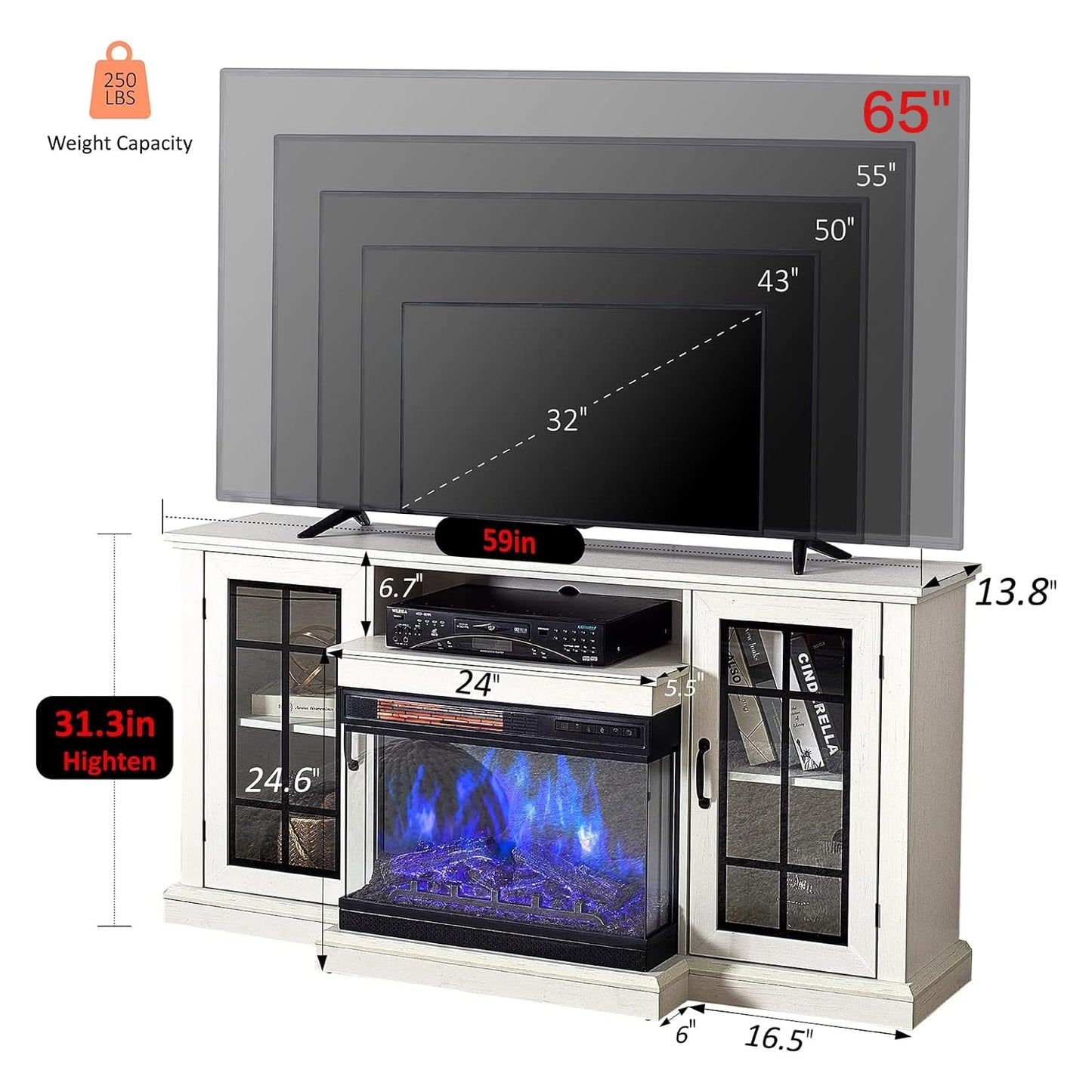 AMERLIFE 3-Sided Glass Fireplace TV Stand for TVs up to 65'' with 12 Color, Media Entertainment Center Console Table with Doors Closed Storage, Distressed White