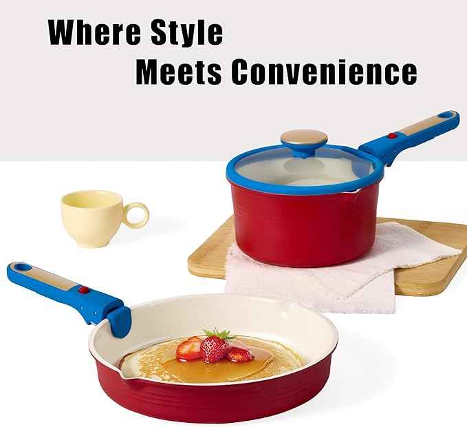CAROTE 17Pcs Titanium Cookware Set, Pots and Pans Set Non Stick, Kitchen Cooking Set with Detachable Handle, Non Toxic Induction Cookware, Dishwasher/Oven Safe,Memphis Design