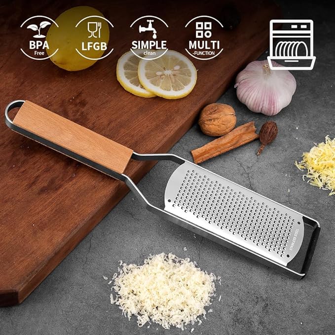 Professional Cheese Graters for Kitchen Stainless Steel Handheld,Durable Rust-Proof Metal Lemon Zester Grater With Wood Handle for Cheese,Chocolate,Spices,Kitchen Gadgets (Longboard)