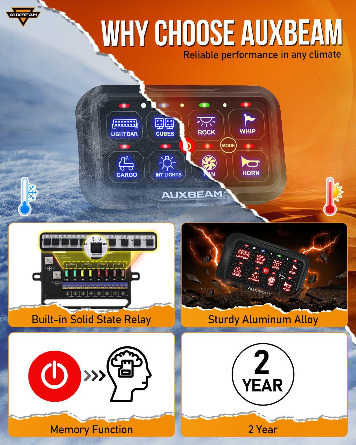 Auxbeam Switch Panel AR-800 Bluetooth 8 Gang Switch Panel RGB Switch Pod Backlit Manual Control w/Toggle Momentary Pulsed 12V-24V Panel Controller for Boat Car Truck RV UTV Waterproof 2-Year Warranty