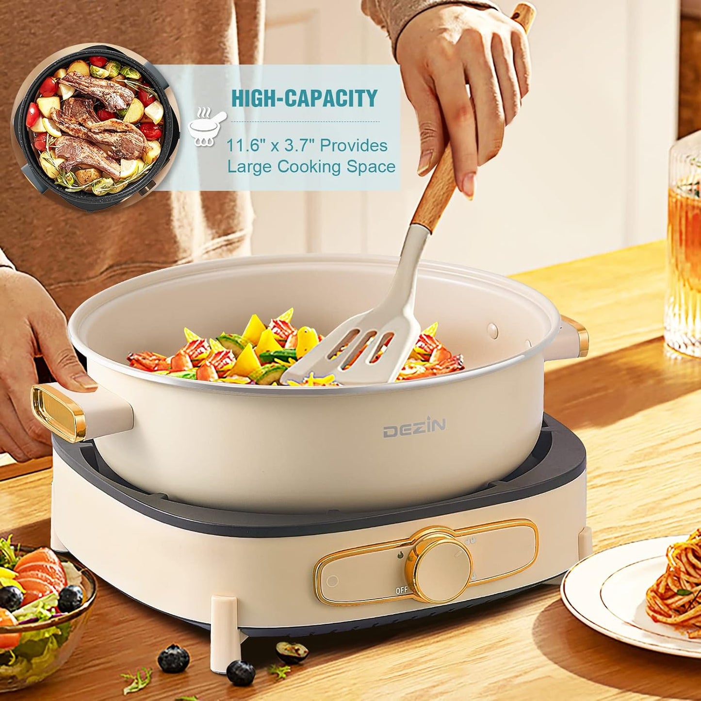 Dezin Electric Shabu Shabu Pot with Removable Pot, 4L Electric Non-Stick Pot with Multi-Power Control, 3.7" Depth Electric Cooker with Tempered Glass Lid for Party, Family and Friend Gathering