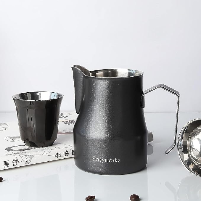 Easyworkz Stainless Steel Espresso Cup 2pcs Set Double Wall 5 oz, Bundled Espresso Steaming Pitcher Stainless Steel 12 oz Coffee Frothing Picther Milk Jug Cappuccino Latte Art Cup