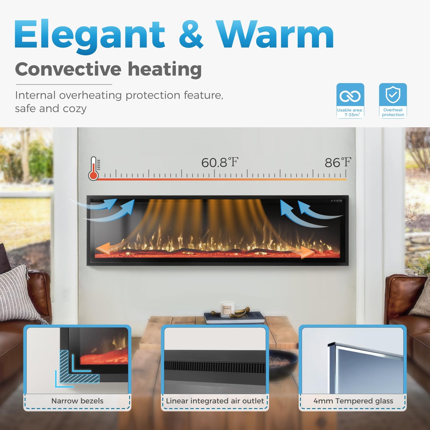 GREEN PARTY 72" Electric Fireplace Recessed/Wall Mounted Ultra Slim Frame Fireplace Heater with Log & Crystal Options, 750W/1500W, Adjustable Flame Bed Colors, Speed, Timer, Temperature (60.8℉-86℉)