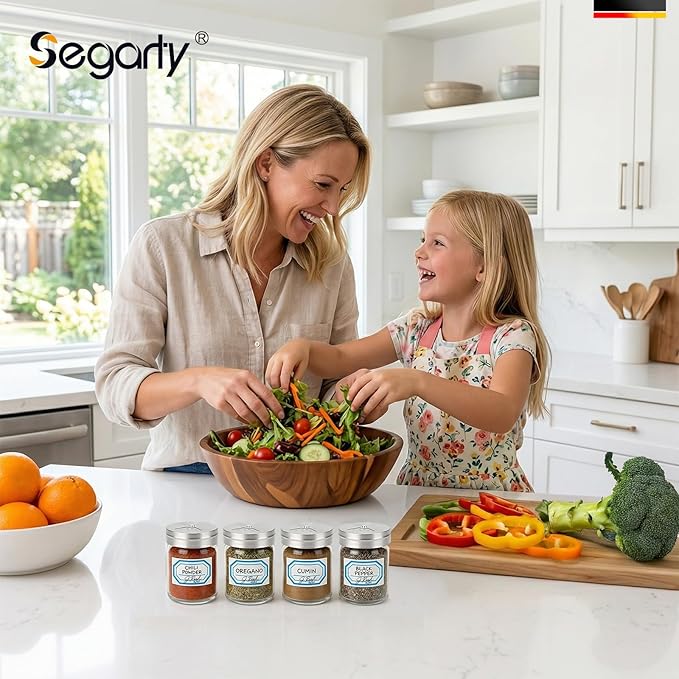 Segarty 1.7oz Mini Spice Jars with Metal Shaker Lids, 3 Pack 50ml Glass Seasonings Containers Adjustable Pour Holes for Kitchen Organization Condiments Storage, Salt Pepper Shakers 3 Labels for Picnic