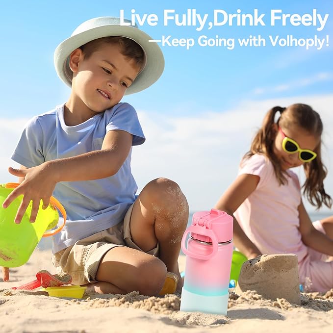 Volhoply 14oz KIds Water Bottle with Straw Lid and Silicone Boot Bulk 6 Pack,Stainless Steel Insulated Cups for Boys & Girls Multipack,Double Wall Vacuum Leakproof Bottles(Assorted,6)