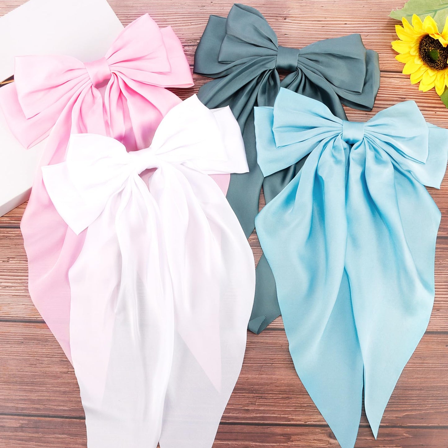 VELSCRUN Women's & Girls' 4-Pack Navy Blue & Pink Satin Hair Bows - Large Coquette & Oversized Ribbons - Long Tail Barrettes - Hair Accessories & Gifts