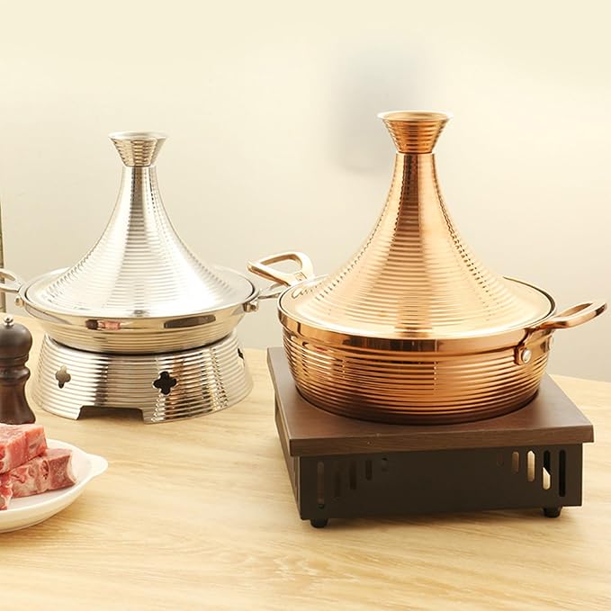 Moroccan Tagine Cooking Pot,Stainless Steel Non Stick Moroccan Casserole with 2 Handles,Large Moroccan Cooker Handmade Tagine Pot with Cone-Shaped Lid(29cm, Rose Gold)