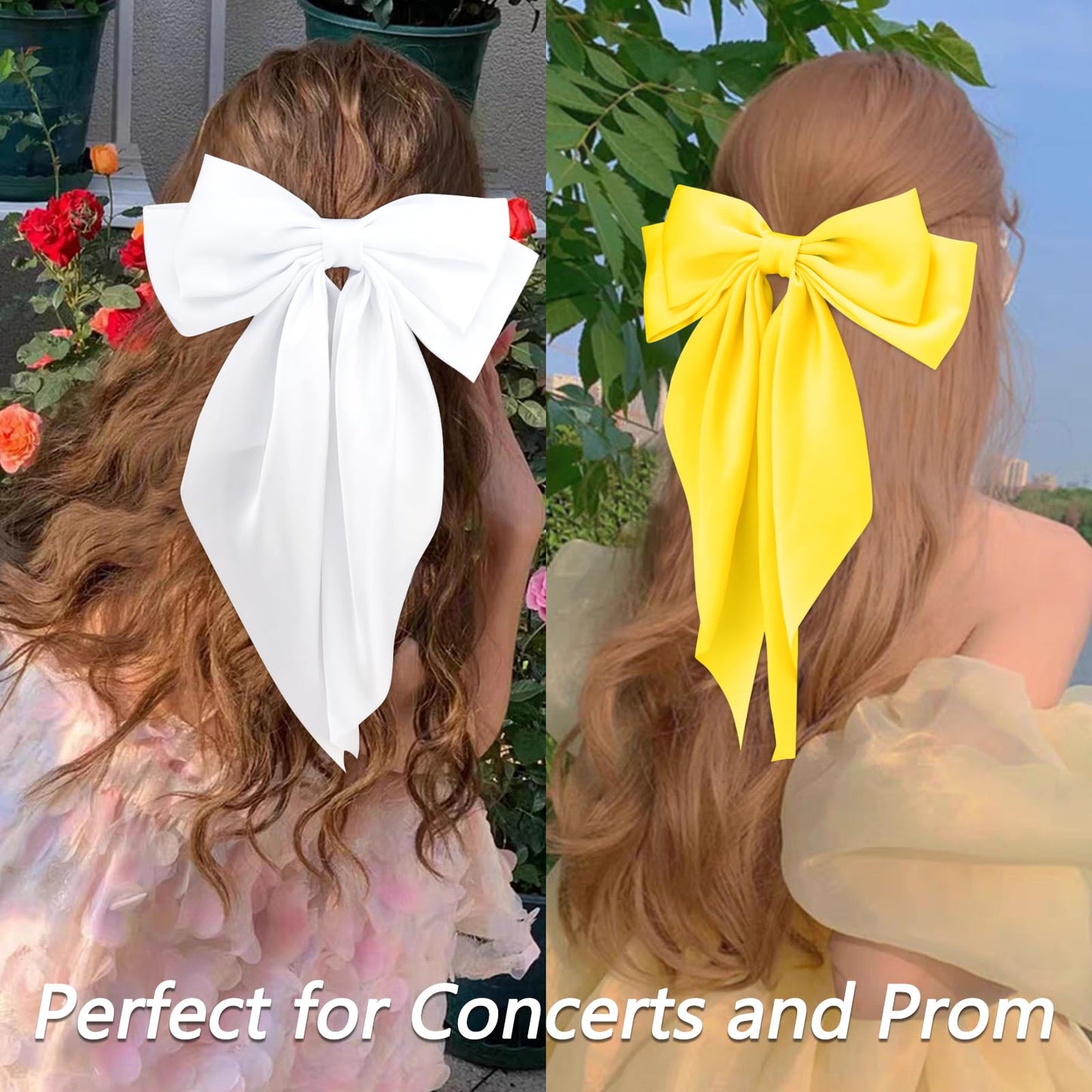 Velscrun Black White Bright Yellow Yellow Hair Bows for Women Girls, Silky Satin Large Coquette Bow, Oversized Hair Ribbons 4Pcs Big Bows Clip Long Tail Bowknot Hair Barrettes Bow Accessories