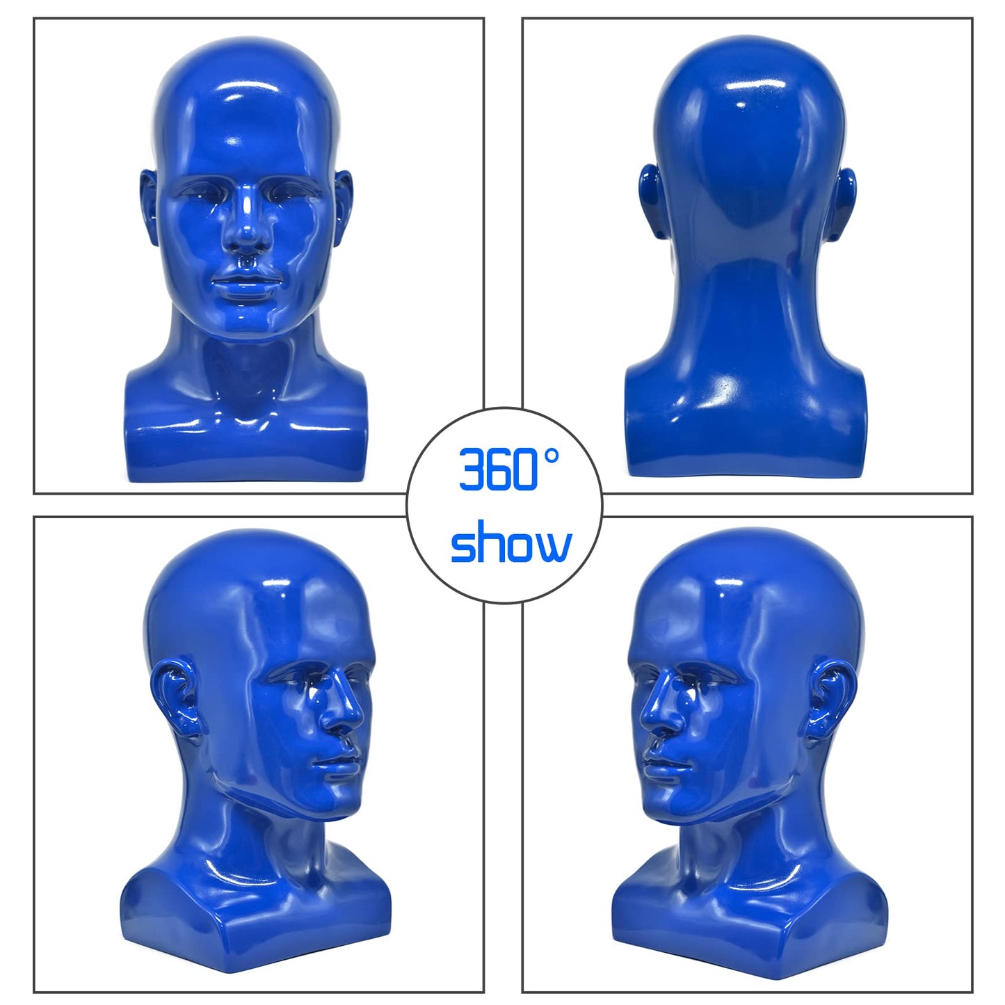 FanLin Male Mannequin Head Professional Manikin Head for Display Wigs Hats Headphone Mask Sunglasses Jewelry and Scravat Display Stand (Bright Blue)