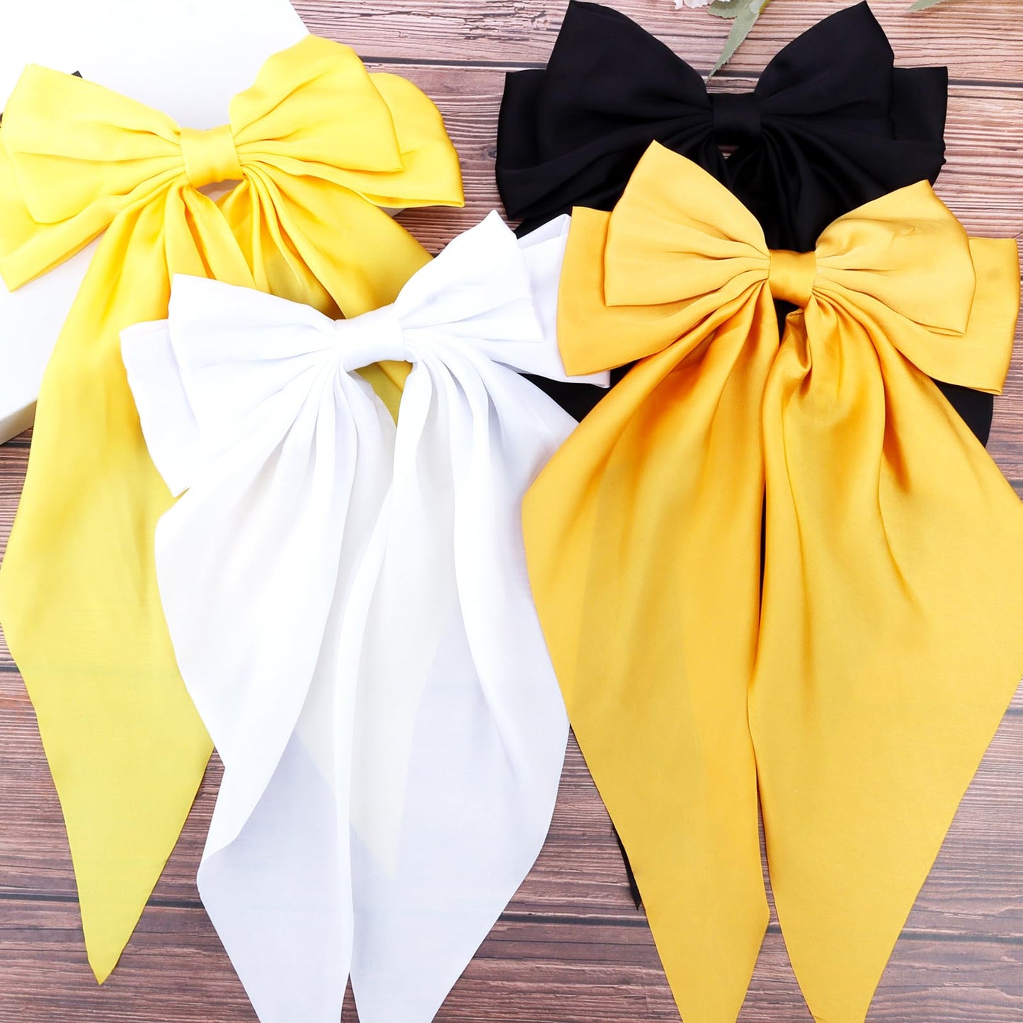 Velscrun Black White Bright Yellow Yellow Hair Bows for Women Girls, Silky Satin Large Coquette Bow, Oversized Hair Ribbons 4Pcs Big Bows Clip Long Tail Bowknot Hair Barrettes Bow Accessories