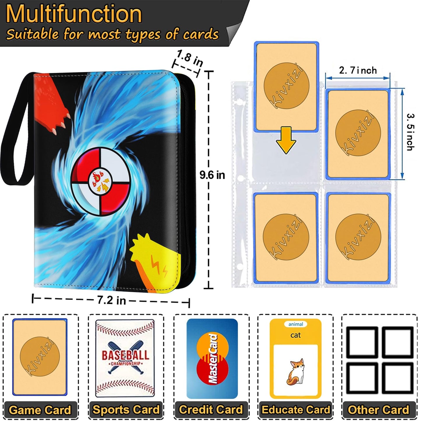 Kivxizi Card Binder for Cards, 4-Pocket Card Binder Holder Fits 400 Cards with 50 Removable Sleeves, Card Book Collector Album Folder, Toys Gifts for Boys Girls